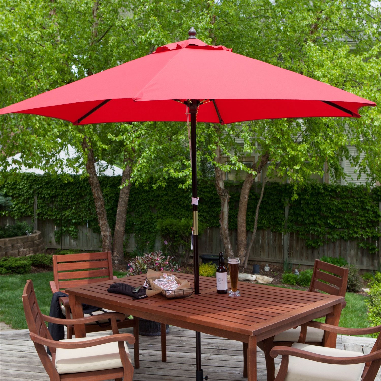 Outdoor 9-Ft Wood Patio Umbrella with Red Canopy Shade