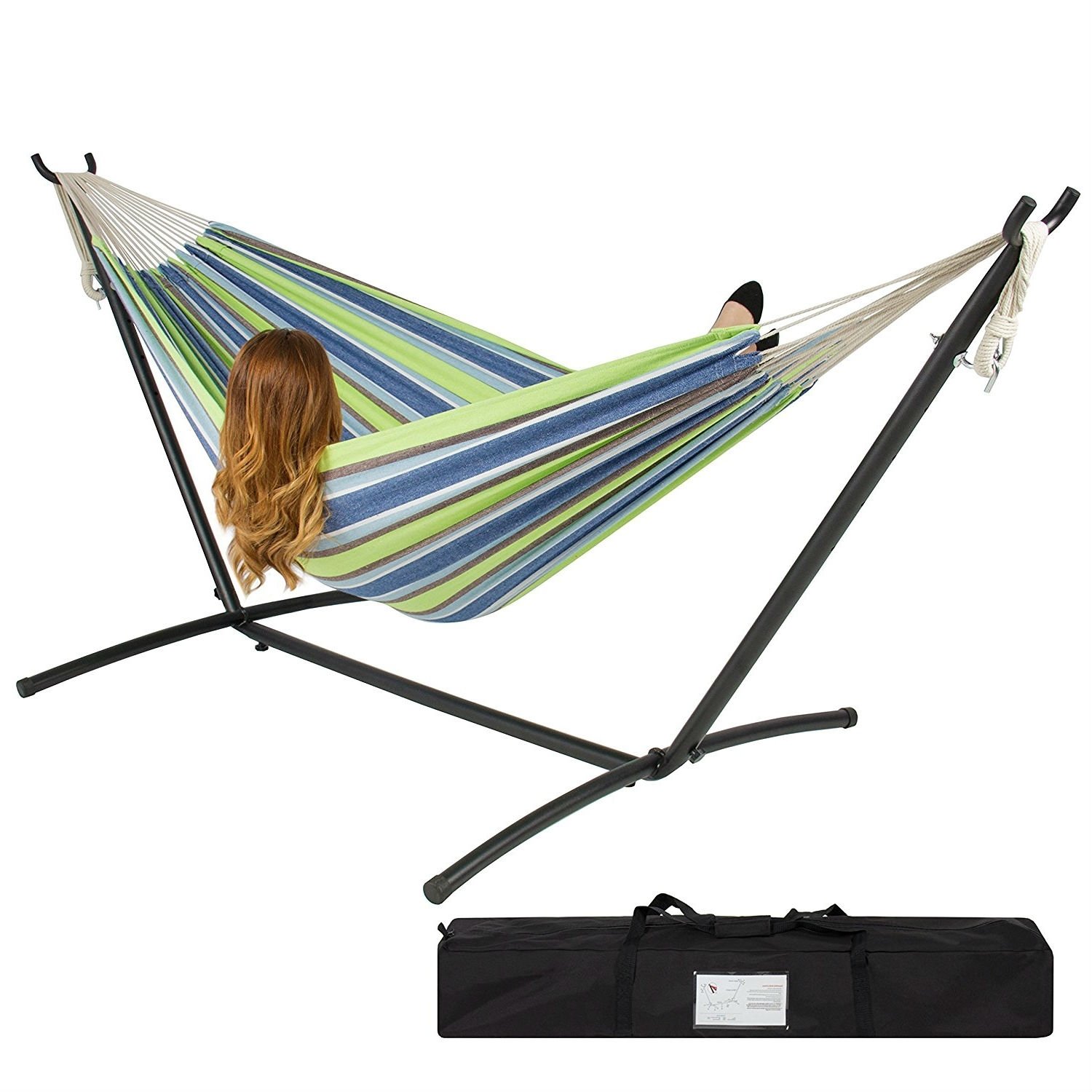 Oasis Blue Green Stripes Hammock with Steel Hammock Stand